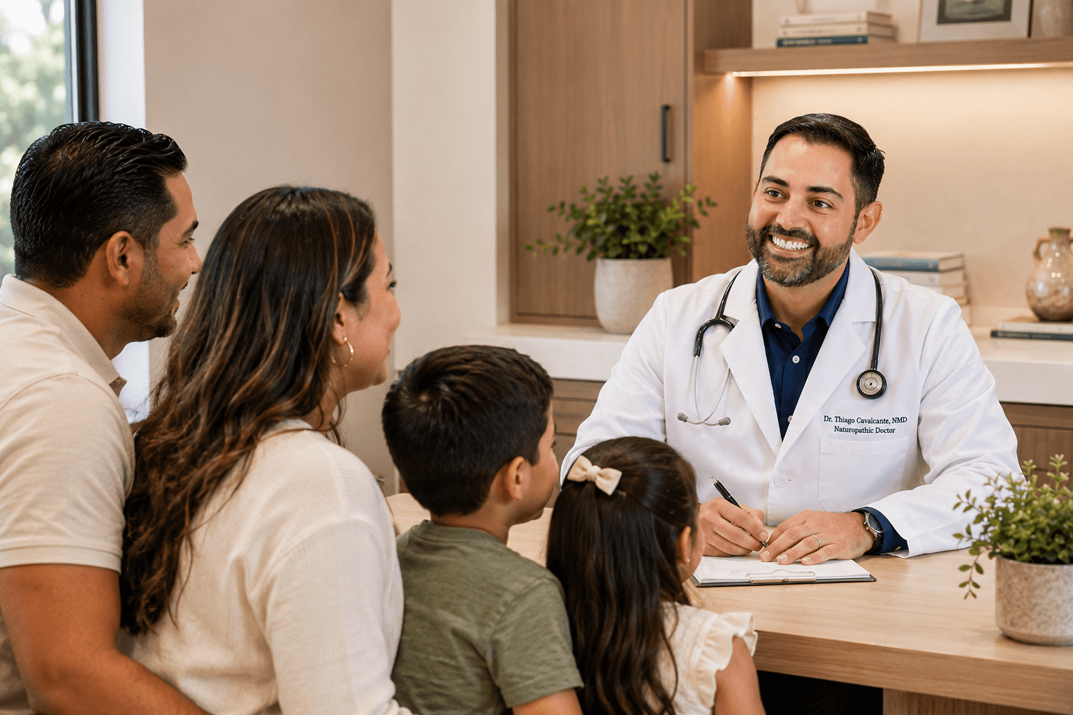 Dr. Thiago Cavalcante, NMD in a pediatric consultation with a family seated at his desk