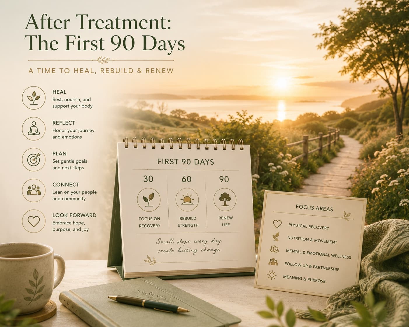 A desk calendar headed First 90 Days marking 30, 60 and 90-day milestones, set against a sunrise coastal path, with focus areas listed alongside