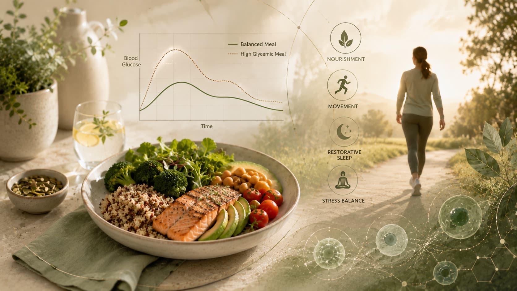 A balanced salmon, quinoa and vegetable bowl beside a graph comparing the blood-glucose response to a balanced meal and a high-glycemic meal, with a woman walking a sunlit path