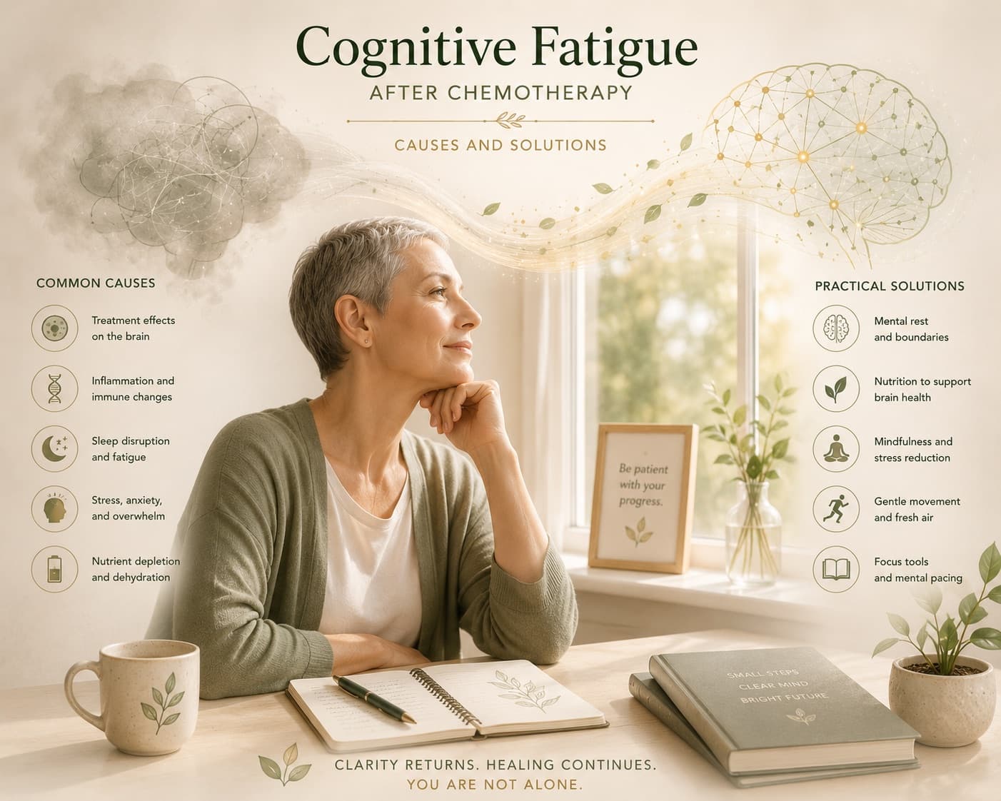 A woman with short grey hair sitting thoughtfully by a window, flanked by lists of common causes of cognitive fatigue and practical solutions