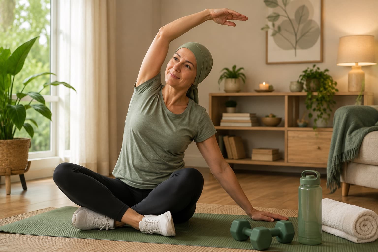 A woman wearing a soft green head covering sits cross-legged on a green exercise mat in a sunlit living room, reaching one arm overhead in a gentle seated side stretch, with light dumbbells, a water bottle and a rolled towel beside her