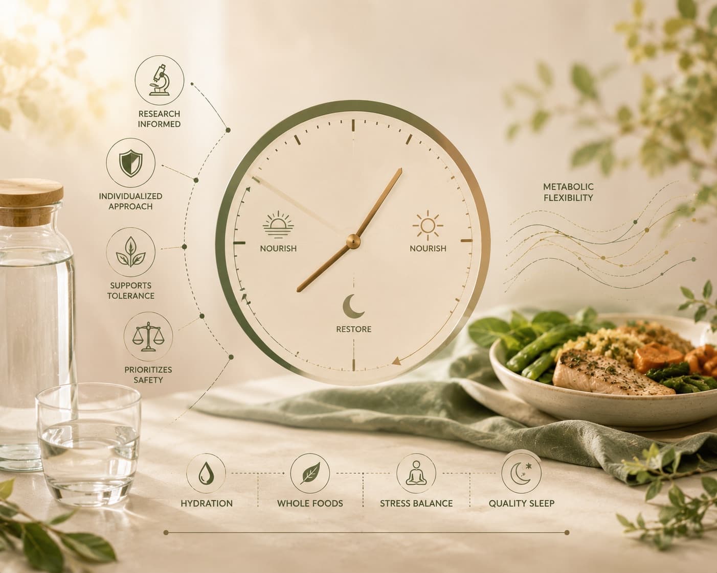 A clock marked with nourish and restore phases beside a plate of salmon and vegetables and a jug of water, with labels for research-informed, individualized, supports tolerance and prioritizes safety