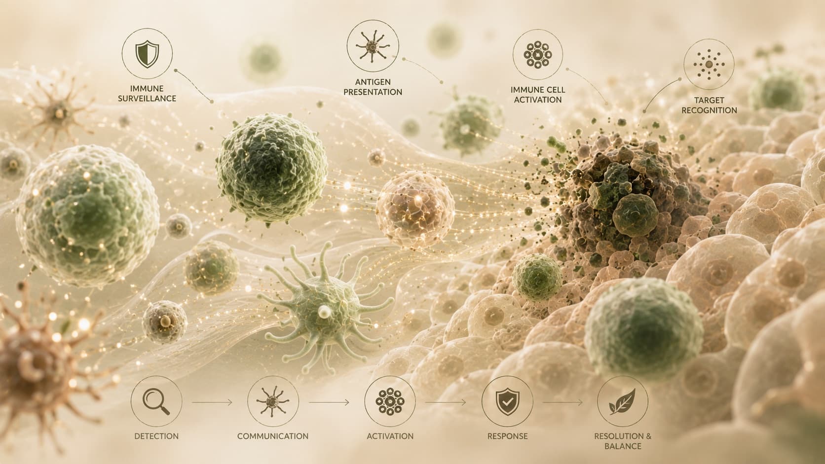 An illustration of immune cells moving through tissue towards a cluster of abnormal cells, labelled with the stages from detection and communication through to activation and response