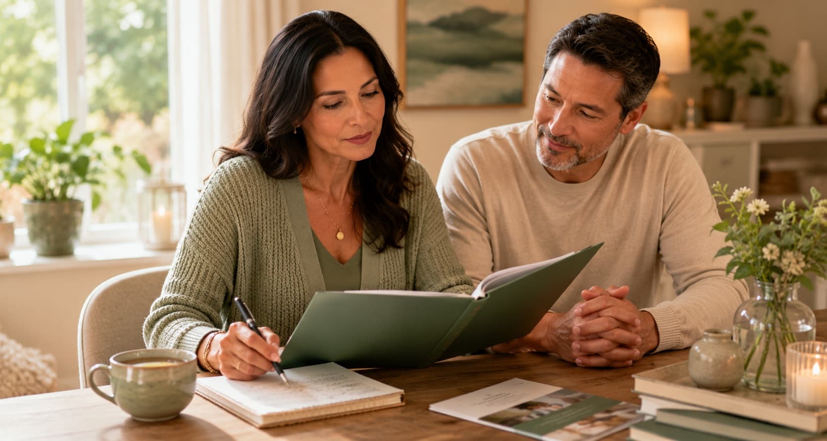 A woman writing questions in a notebook at a kitchen table while a man sits beside her, an open folder of records between them