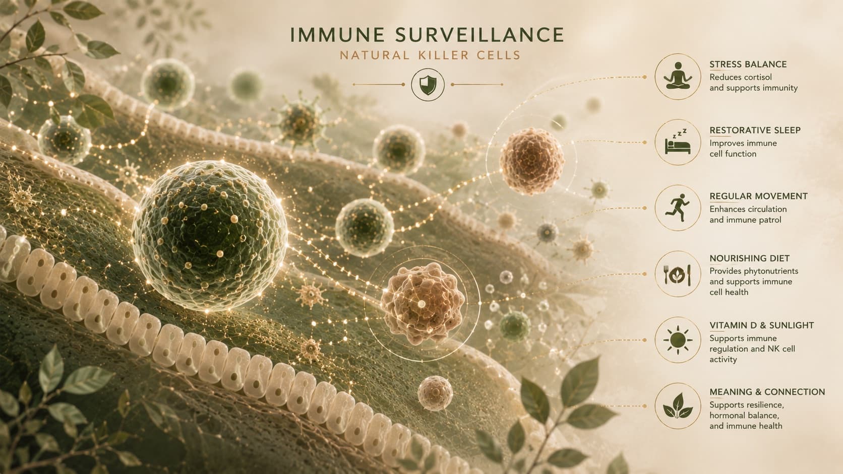 An illustration titled Immune Surveillance showing natural killer cells patrolling tissue, alongside labelled factors including stress balance, restorative sleep, movement, diet and vitamin D