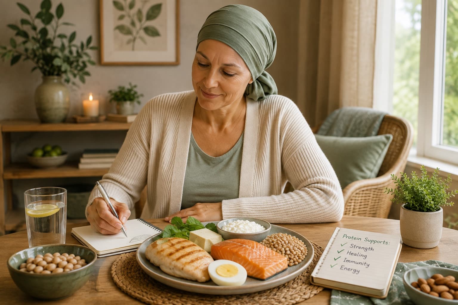 Uma mulher usando um lenço verde suave na cabeça está sentada a uma mesa iluminada pelo sol escrevendo em um caderno, ao lado de um prato com frango grelhado, salmão, ovo, tofu, queijo cottage e soja, e um cartão indicando que a proteína apoia força, cicatrização, imunidade e energia.