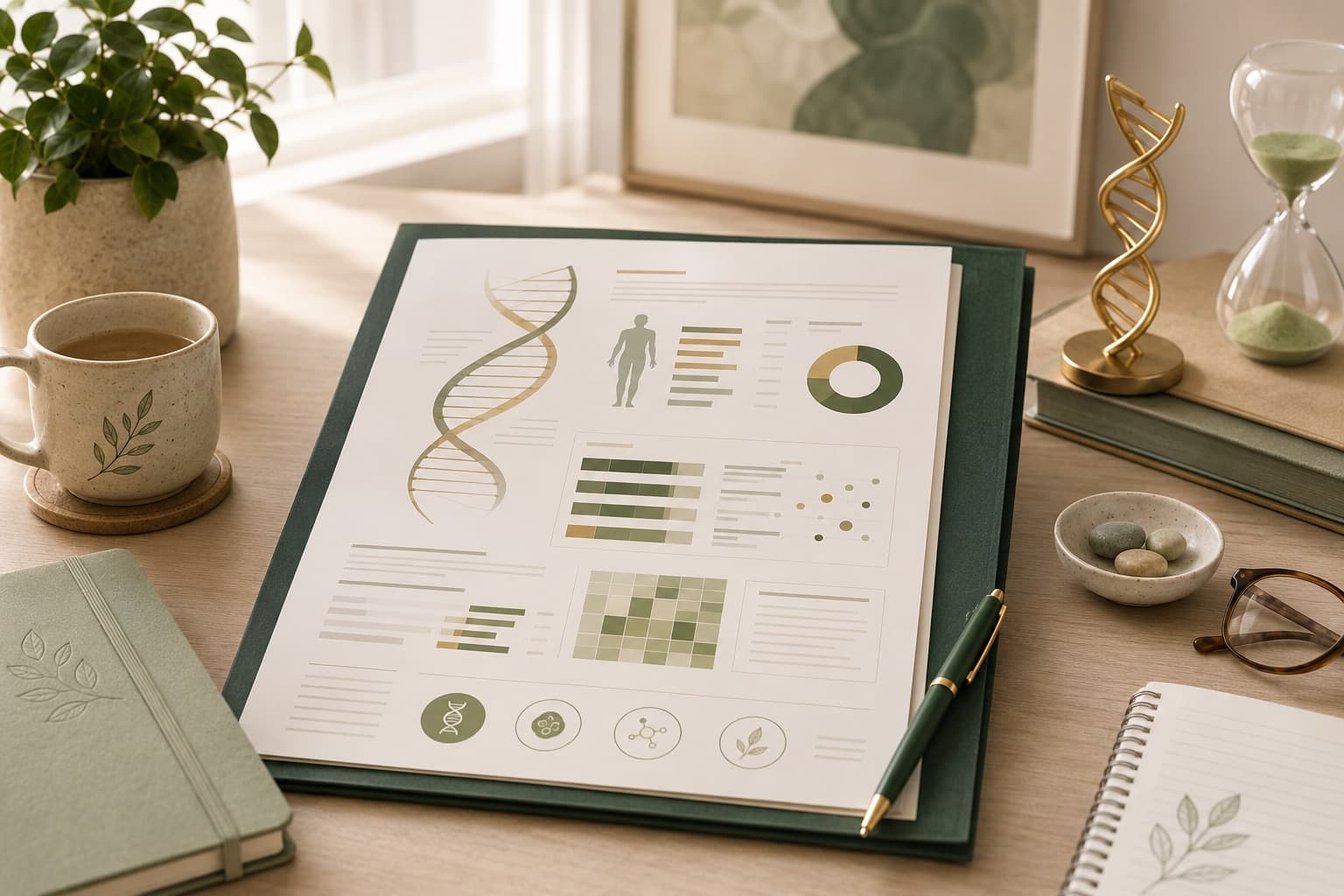 A printed genomic report on a desk showing a DNA helix, charts and a coloured variant grid, beside a notebook, pen, reading glasses and a cup of tea