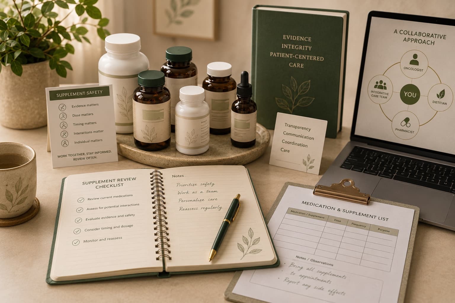 A desk with several supplement bottles, an open supplement review checklist, a medication and supplement list on a clipboard, and a laptop showing a care-team diagram