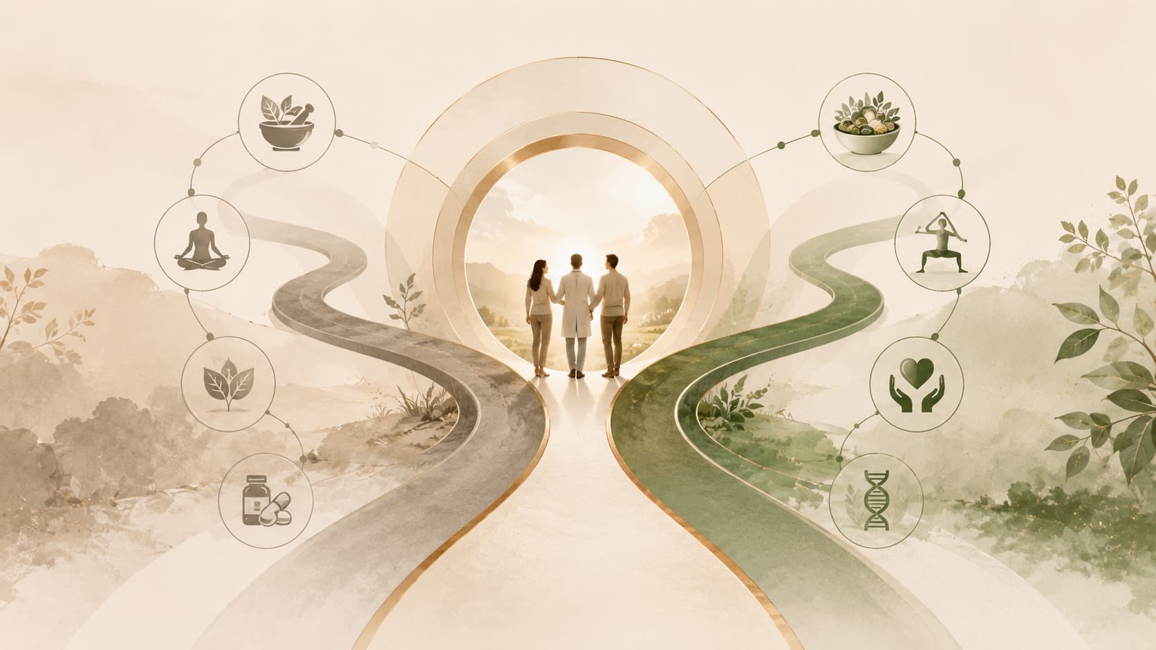 An illustration of two diverging paths — one grey, one green — meeting at a lit archway where three people stand together, flanked by icons for herbs, meditation, nutrition and genomics