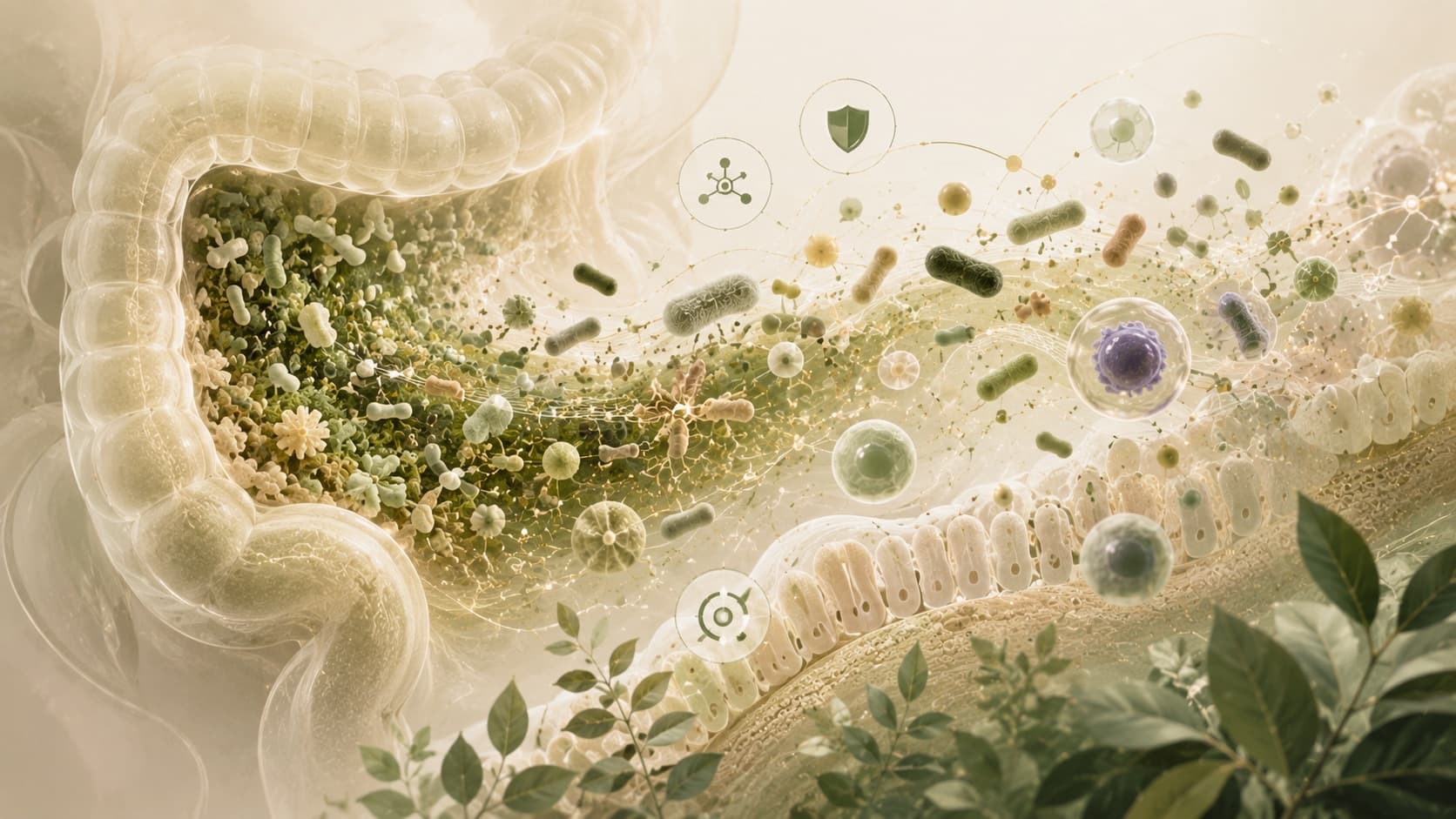 An illustration of the large intestine in cross-section showing diverse gut bacteria alongside immune cells and the intestinal lining
