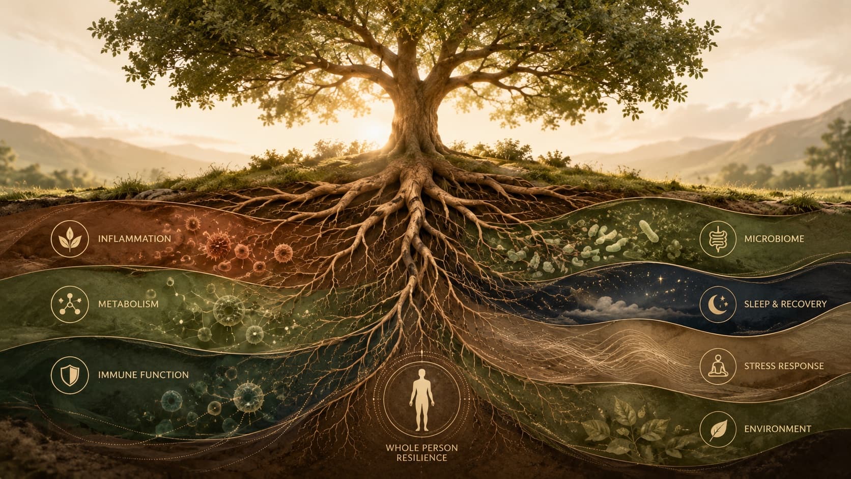 A large tree at sunrise shown in cross-section, its roots reaching through labelled soil layers for inflammation, metabolism, immune function, microbiome, sleep, stress response and environment