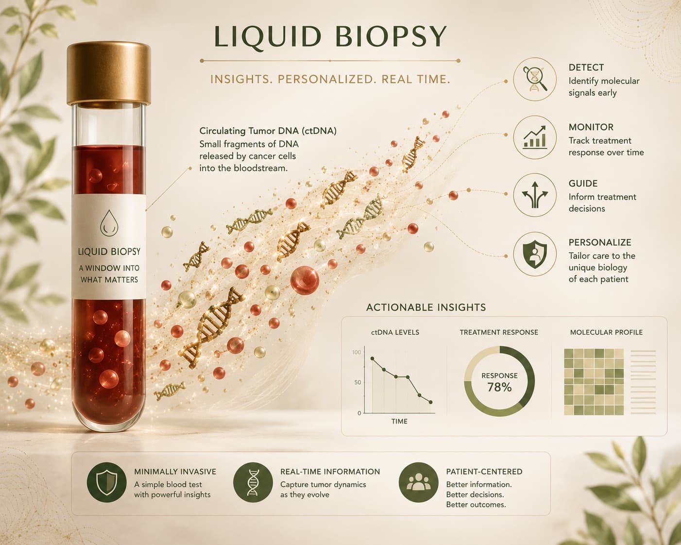 An infographic on liquid biopsy showing a blood collection tube and circulating tumour DNA fragments, with panels on detecting, monitoring, guiding and personalising care