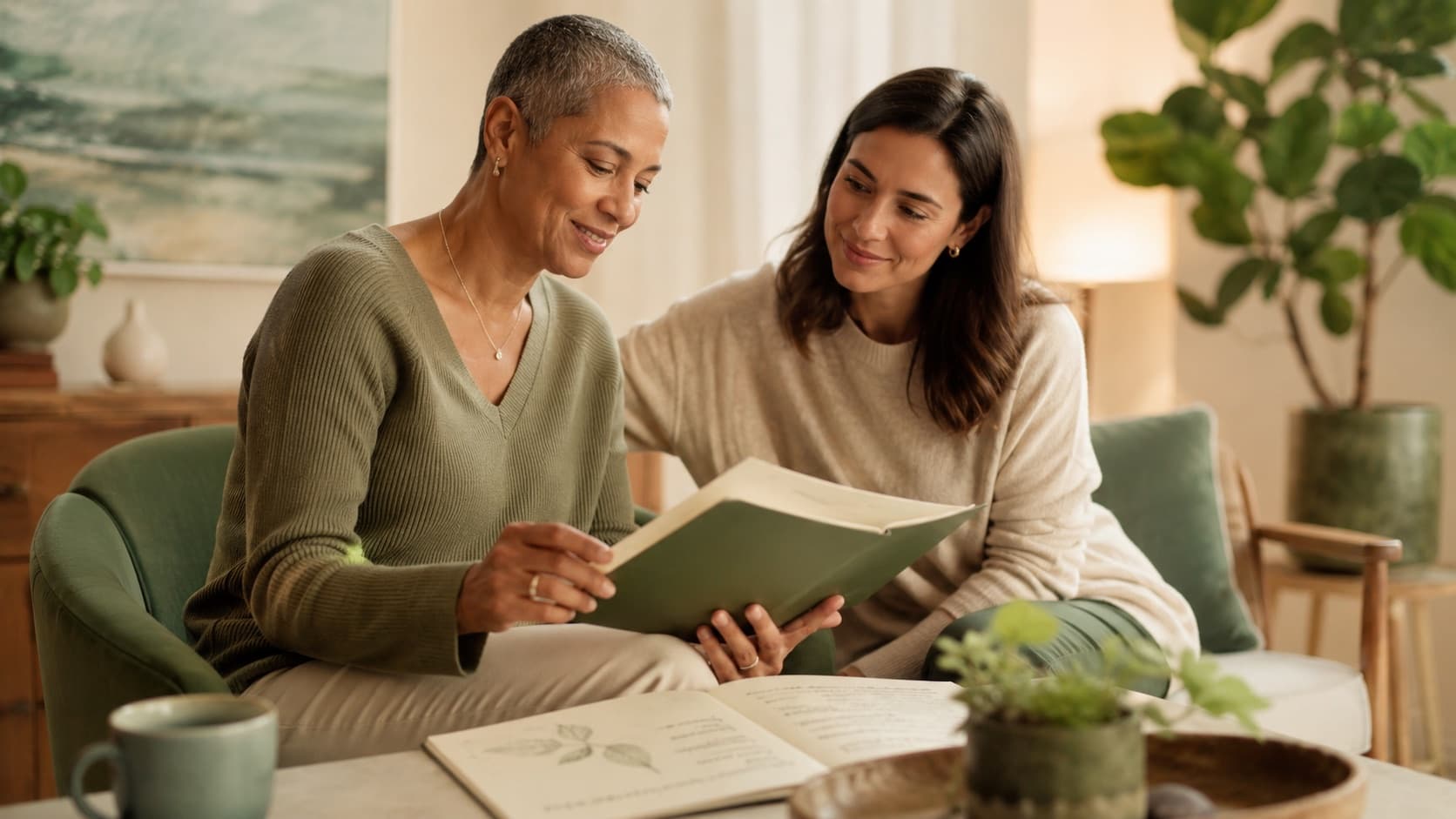 Two women sitting together on a sofa reading through a folder of care information, a botanical reference book open on the table in front of them