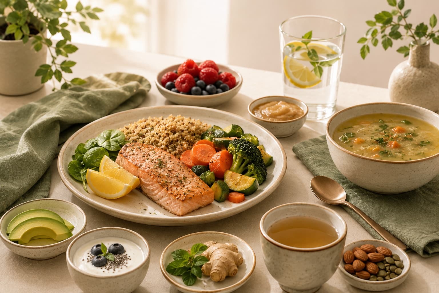 A table laid with a plate of salmon, quinoa and vegetables alongside soup, berries, yoghurt, avocado, ginger tea, nuts and lemon water