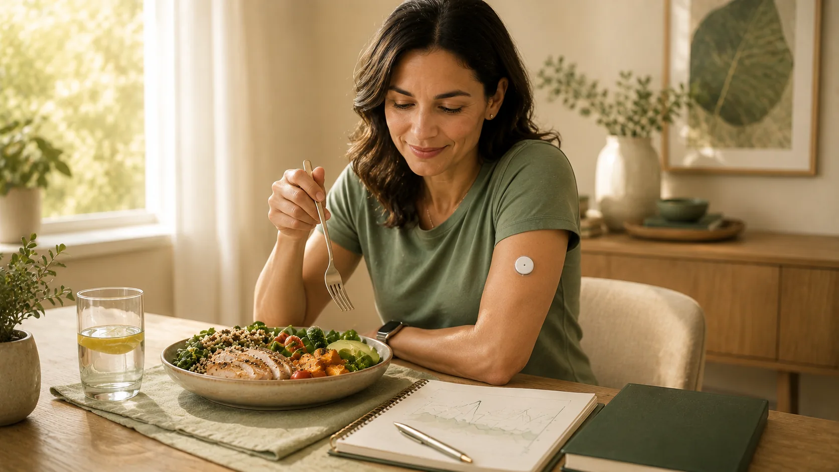 A woman eating a grain and vegetable bowl at home, a circular continuous glucose monitor visible on her upper arm and a notebook of glucose charts beside her