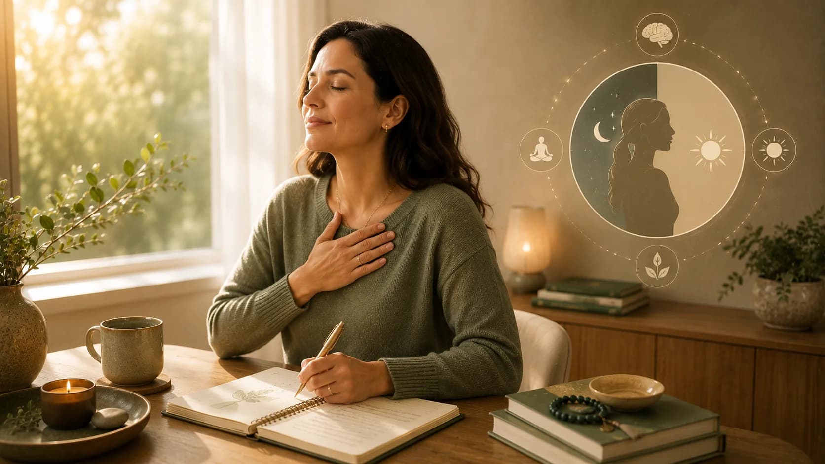 A woman sitting at a desk with her eyes closed and a hand on her chest, breathing slowly beside a journal and candle, with a day-and-night stress-cycle diagram on the wall