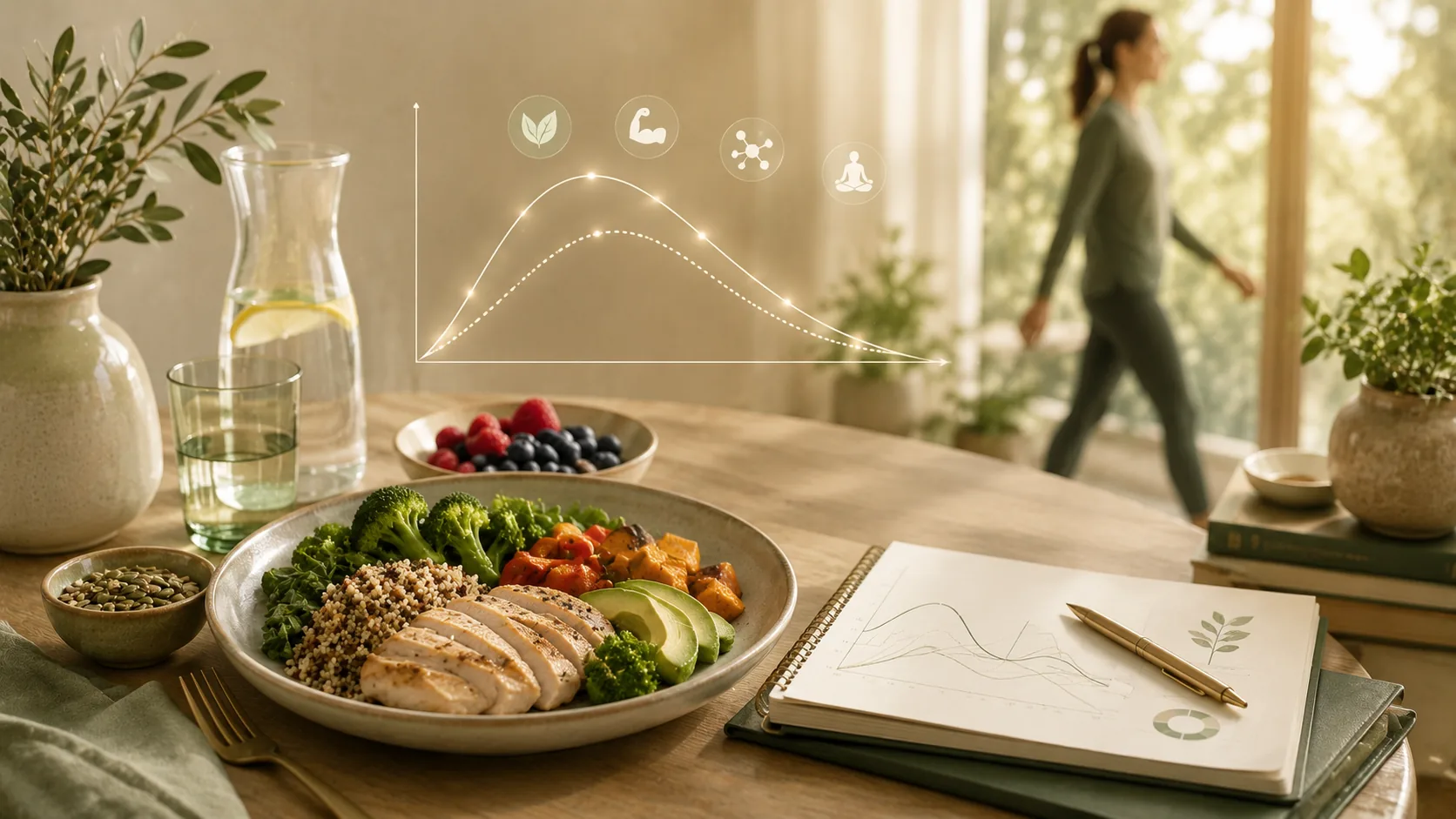 A balanced meal of chicken, quinoa, broccoli and avocado on a table beside a notebook of charts, with a glucose-response curve illustrated above and a woman walking past a window