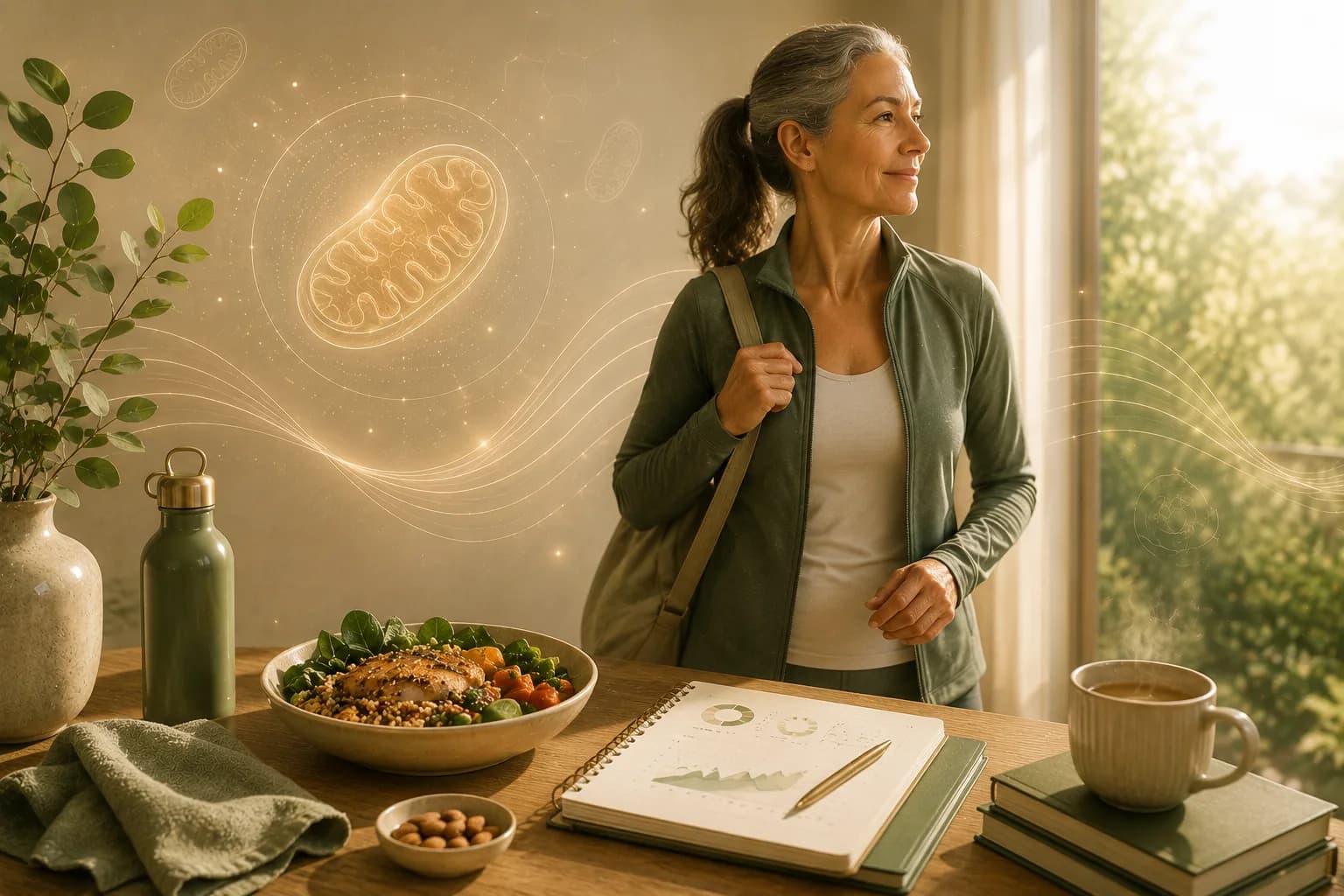 A woman standing at a sunlit table set with a nourishing grain bowl and a notebook, with a glowing mitochondrion illustrated on the wall behind her