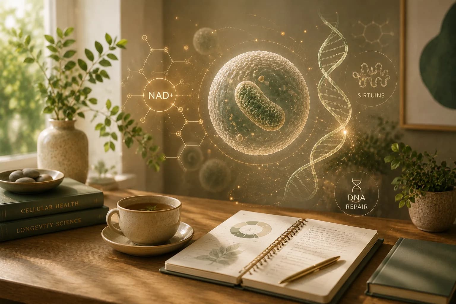 An illustrated cell containing a mitochondrion, flanked by an NAD+ molecular diagram, a DNA helix and labels for sirtuins and DNA repair, above a desk with tea and an open notebook