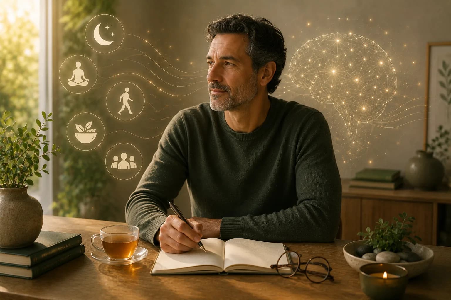 A man writing in a notebook at a desk, looking towards an illustrated neural-network brain, with icons for sleep, meditation, walking, nutrition and social connection