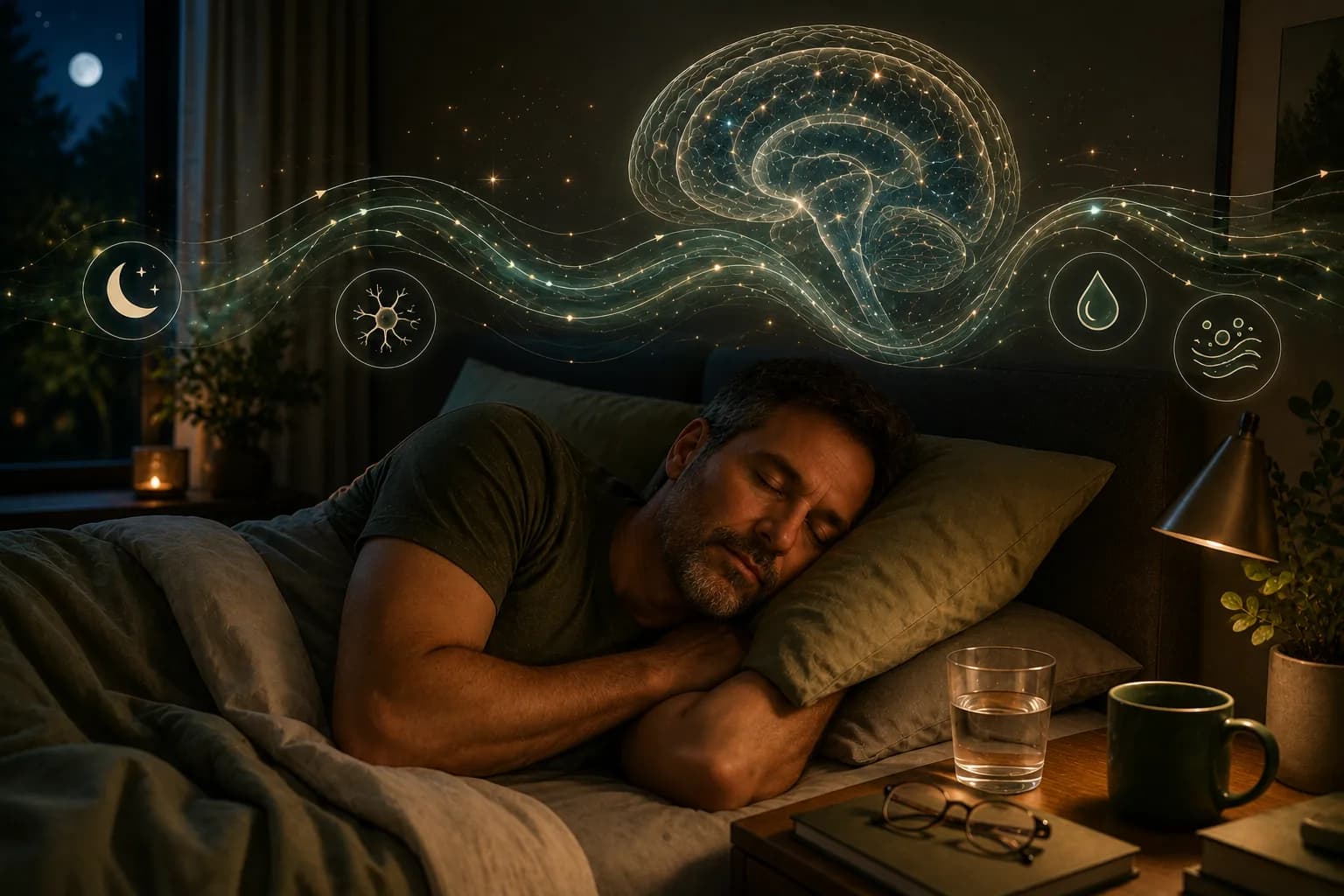 A man asleep in bed at night, with an illustrated brain and flowing currents above him representing overnight clearance, and icons for sleep and fluid movement