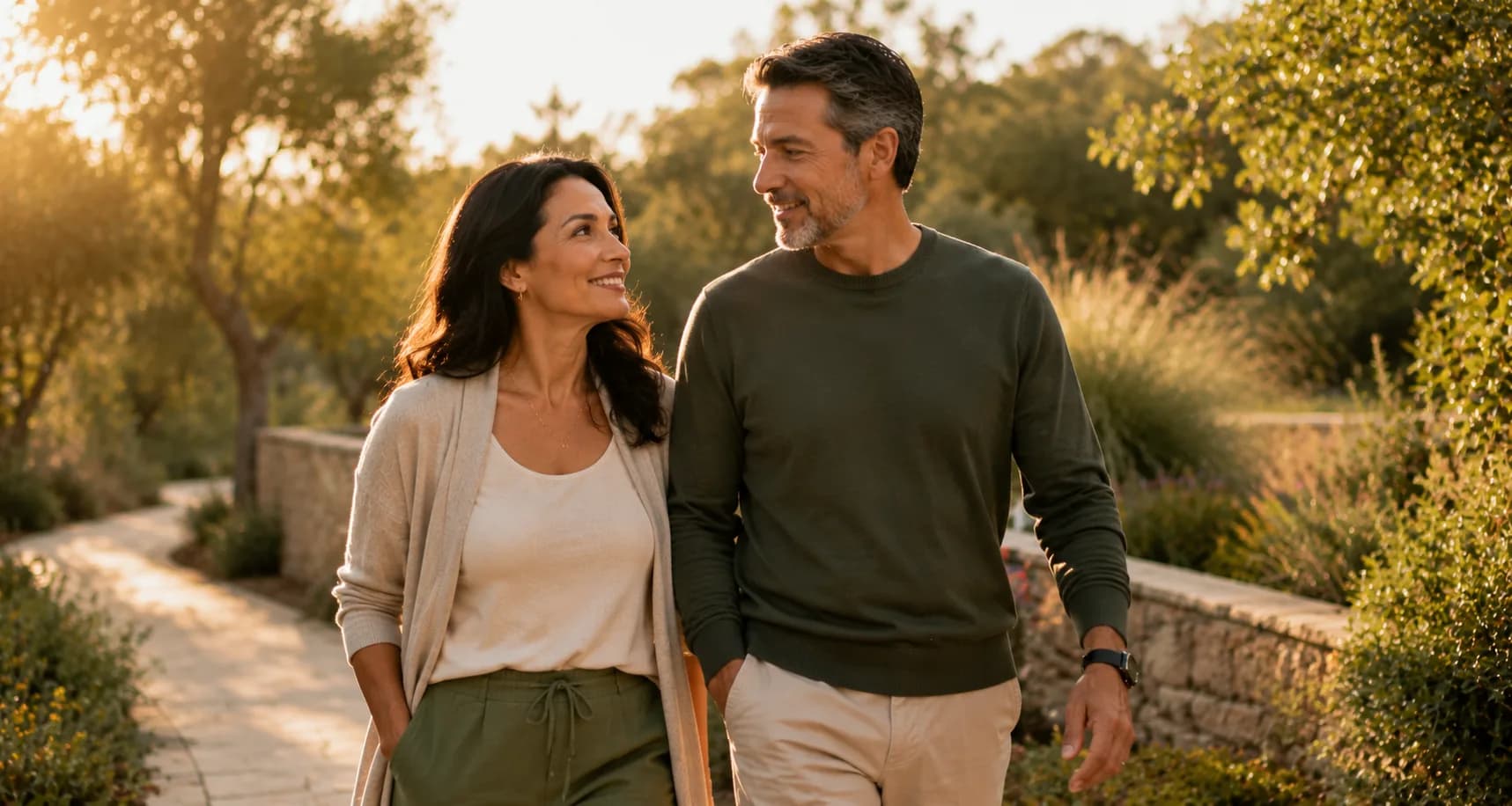 A middle-aged couple walking together along a garden path at golden hour, smiling at each other