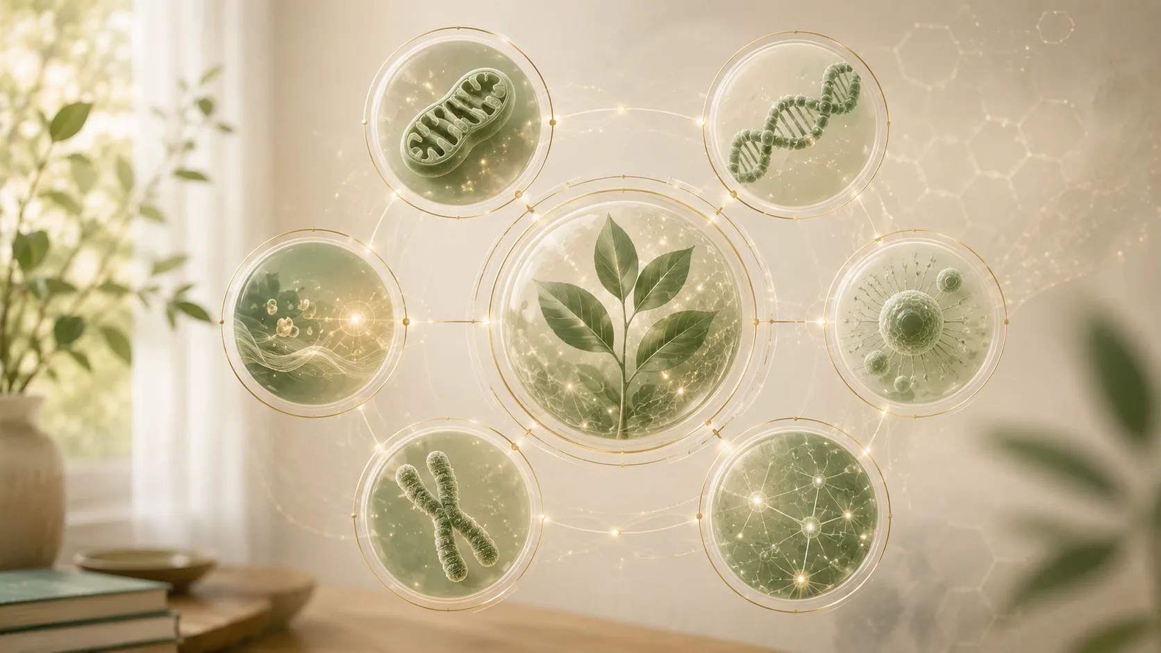 An illustration of six linked translucent discs containing a mitochondrion, a DNA helix, chromosomes, a cell and a neural network, arranged around a green sprouting plant