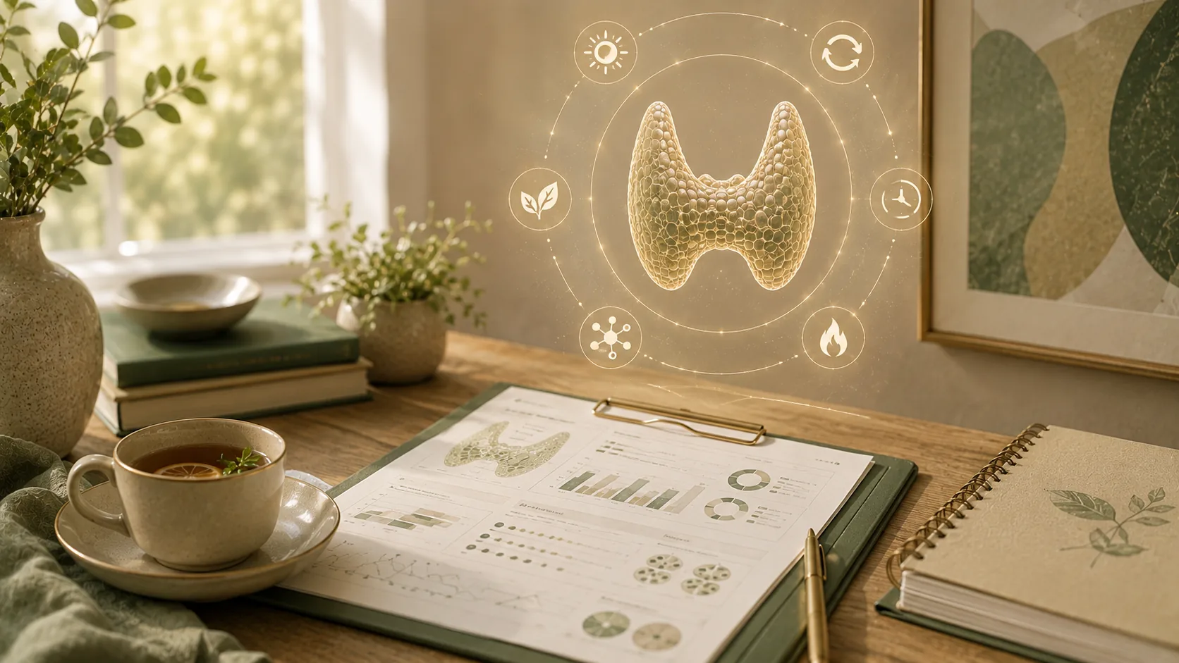 An illustrated thyroid gland ringed by icons for metabolism, energy and temperature, above a desk with a lab report, a cup of tea and a notebook