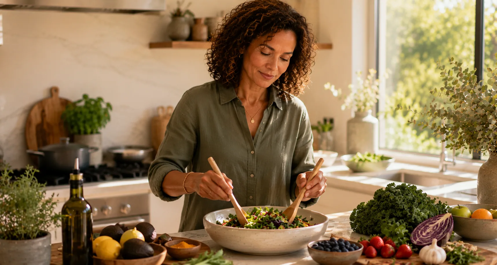 A woman tossing a large salad in a bright kitchen, surrounded by kale, berries, avocado, olive oil, herbs and fresh vegetables