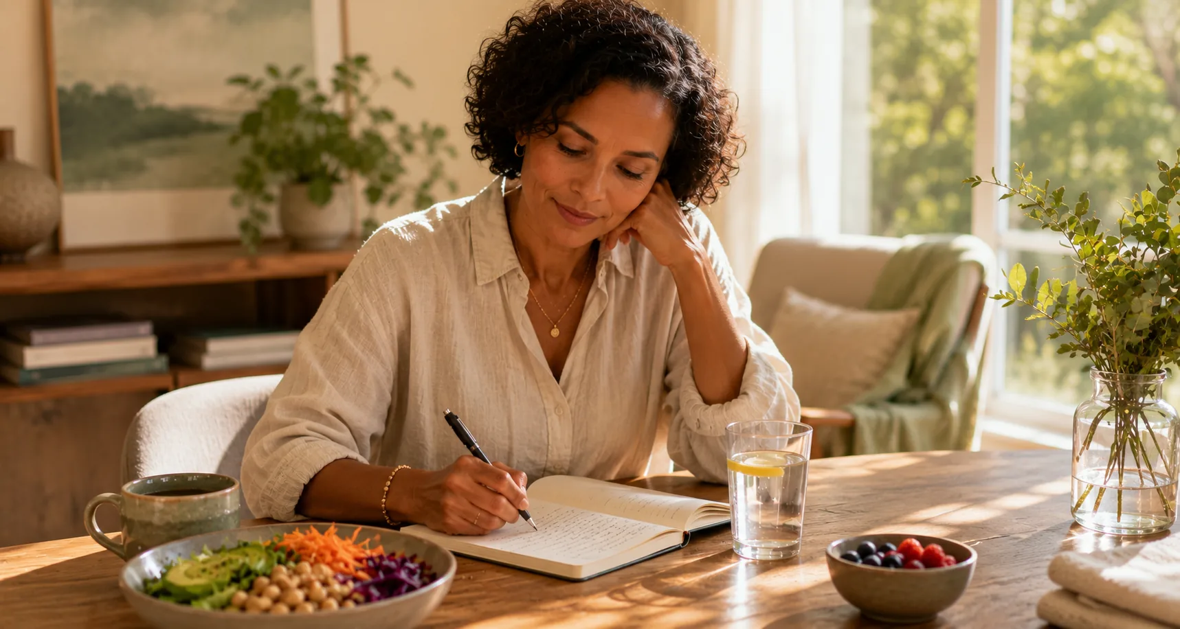 A woman writing in a journal at a sunlit table beside a salad bowl, a bowl of berries and a glass of water with lemon
