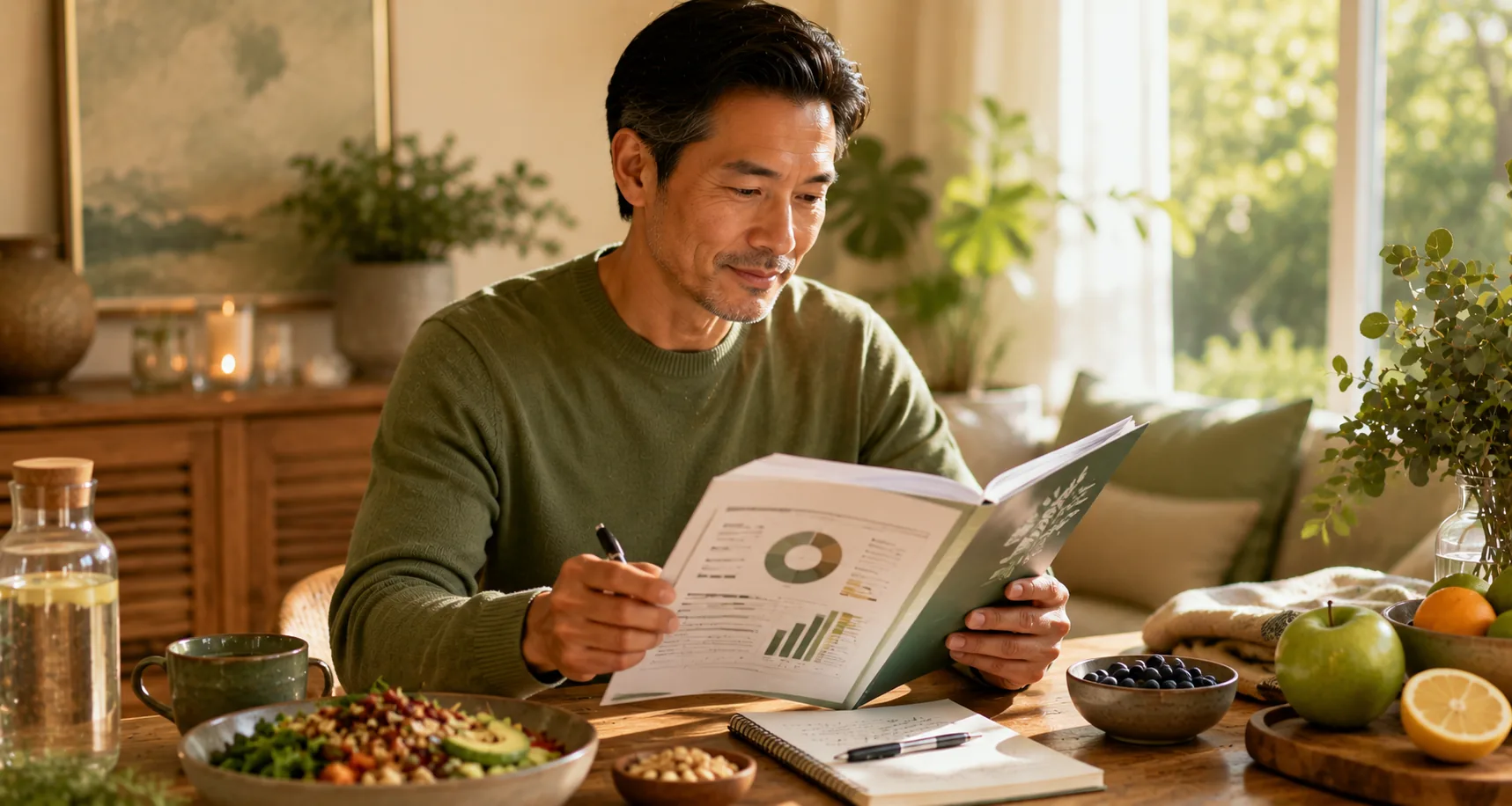 A man reading a printed biomarker report with charts at a sunlit table, a notebook and pen beside him alongside a salad and fresh fruit