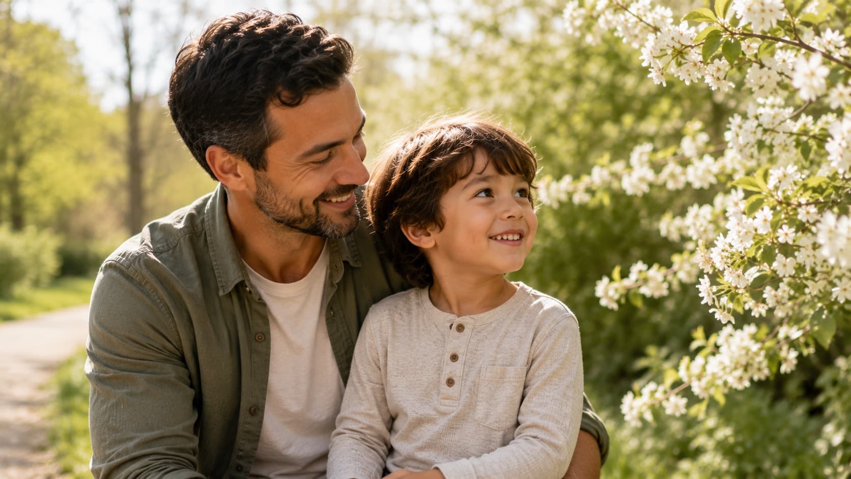 A father and his young son sitting outdoors beside a flowering tree in spring, smiling at each other