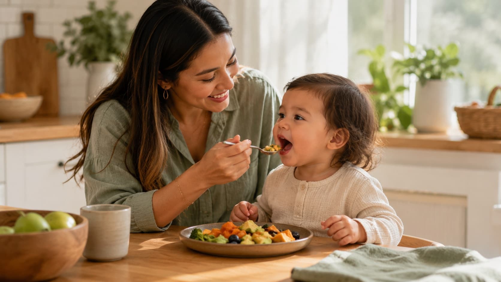 A smiling mother spoon-feeding a toddler at a kitchen table, with a plate of chopped vegetables and fruit in front of them