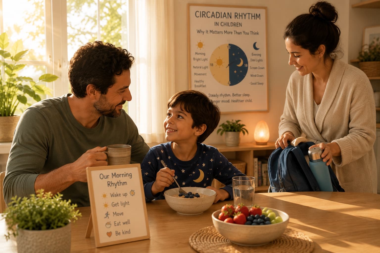 A family at a sunlit breakfast table beside a morning-routine card and a wall chart contrasting bright morning light with dim evening light