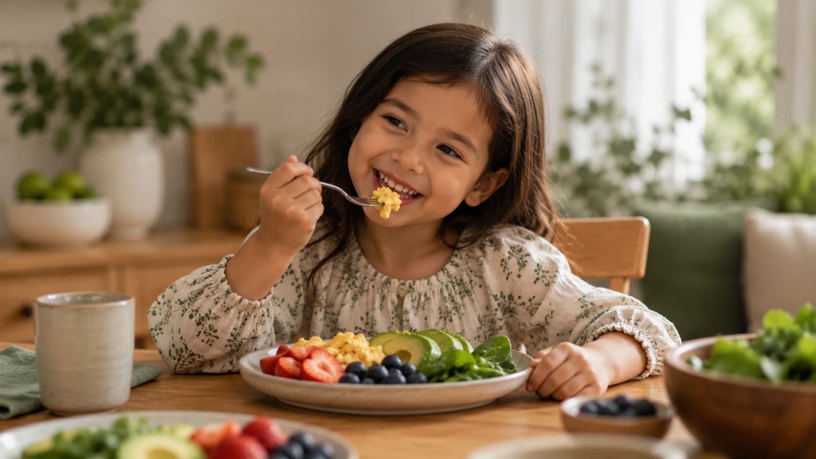 A grinning girl at a dining table eating from a plate of eggs, avocado, berries and leafy greens