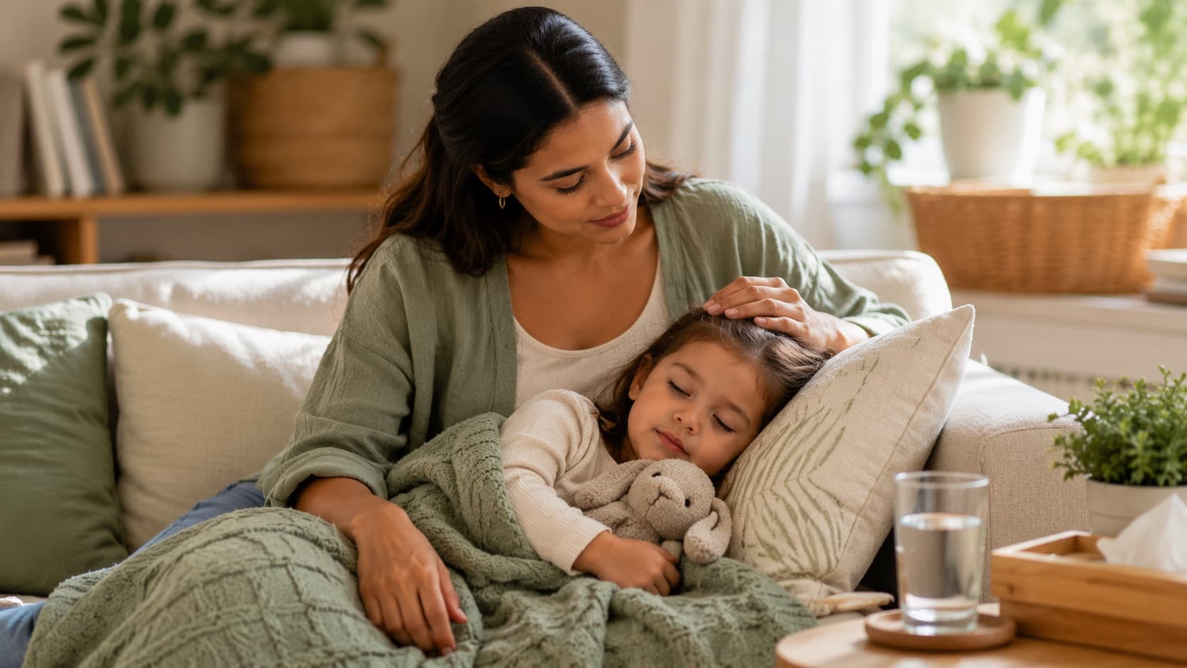 A mother resting a hand on her sleeping daughter's forehead as the child lies under a blanket on the sofa, a glass of water and tissues nearby