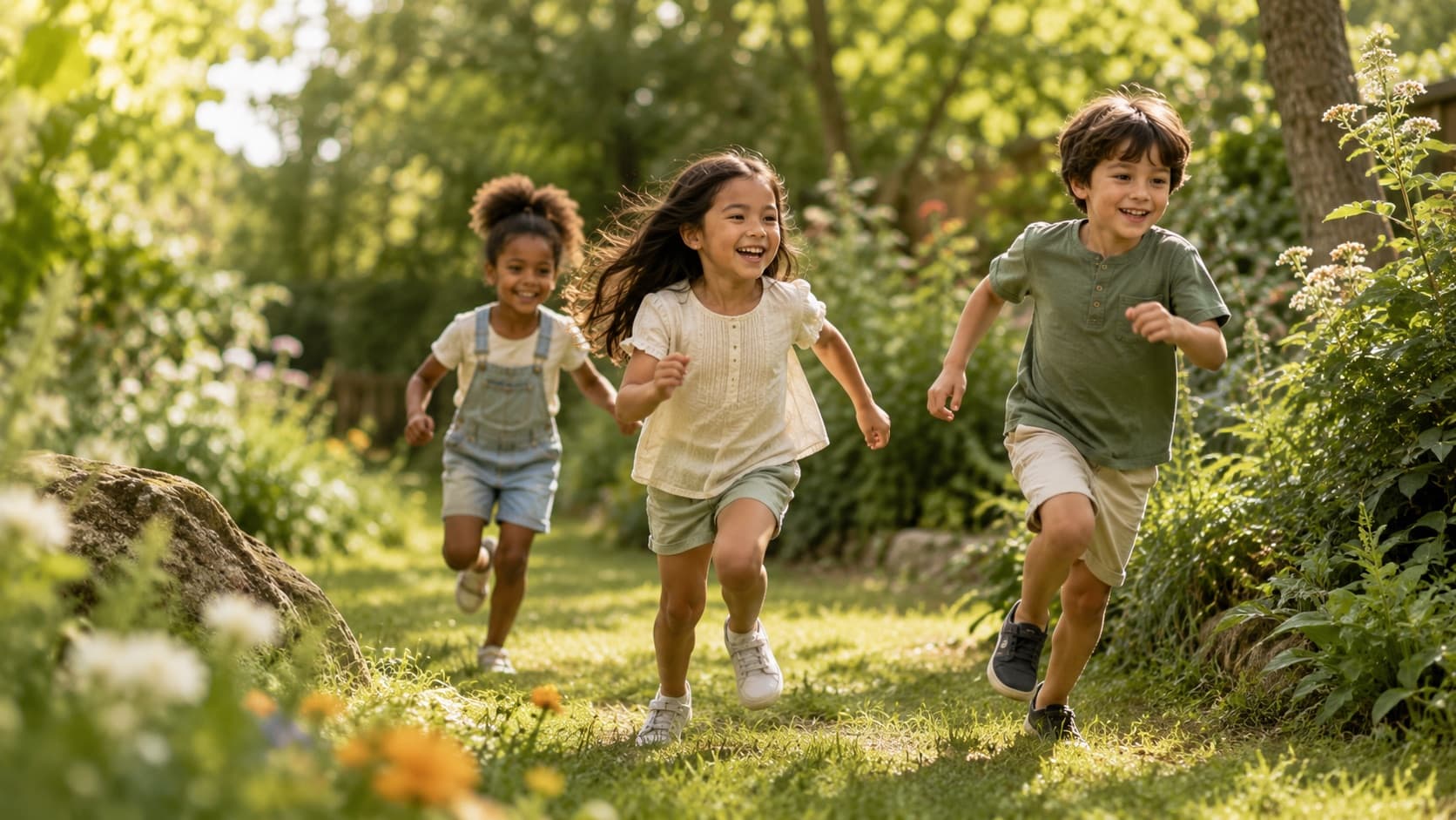 Three children running and laughing through a sunlit garden of grass, shrubs and wildflowers