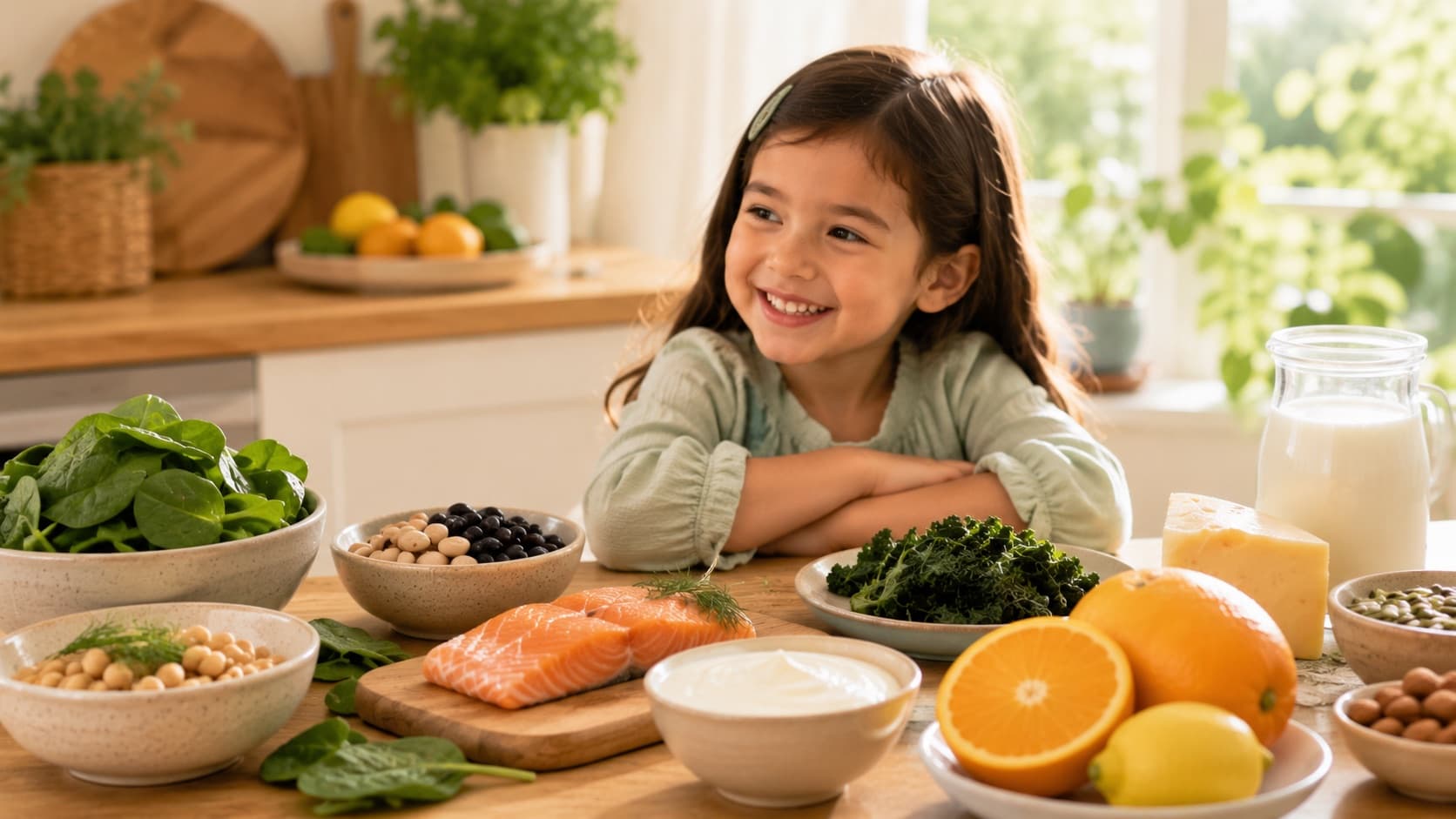 A girl leaning on a kitchen counter behind bowls of spinach, beans, kale, salmon, yoghurt, cheese, citrus and milk