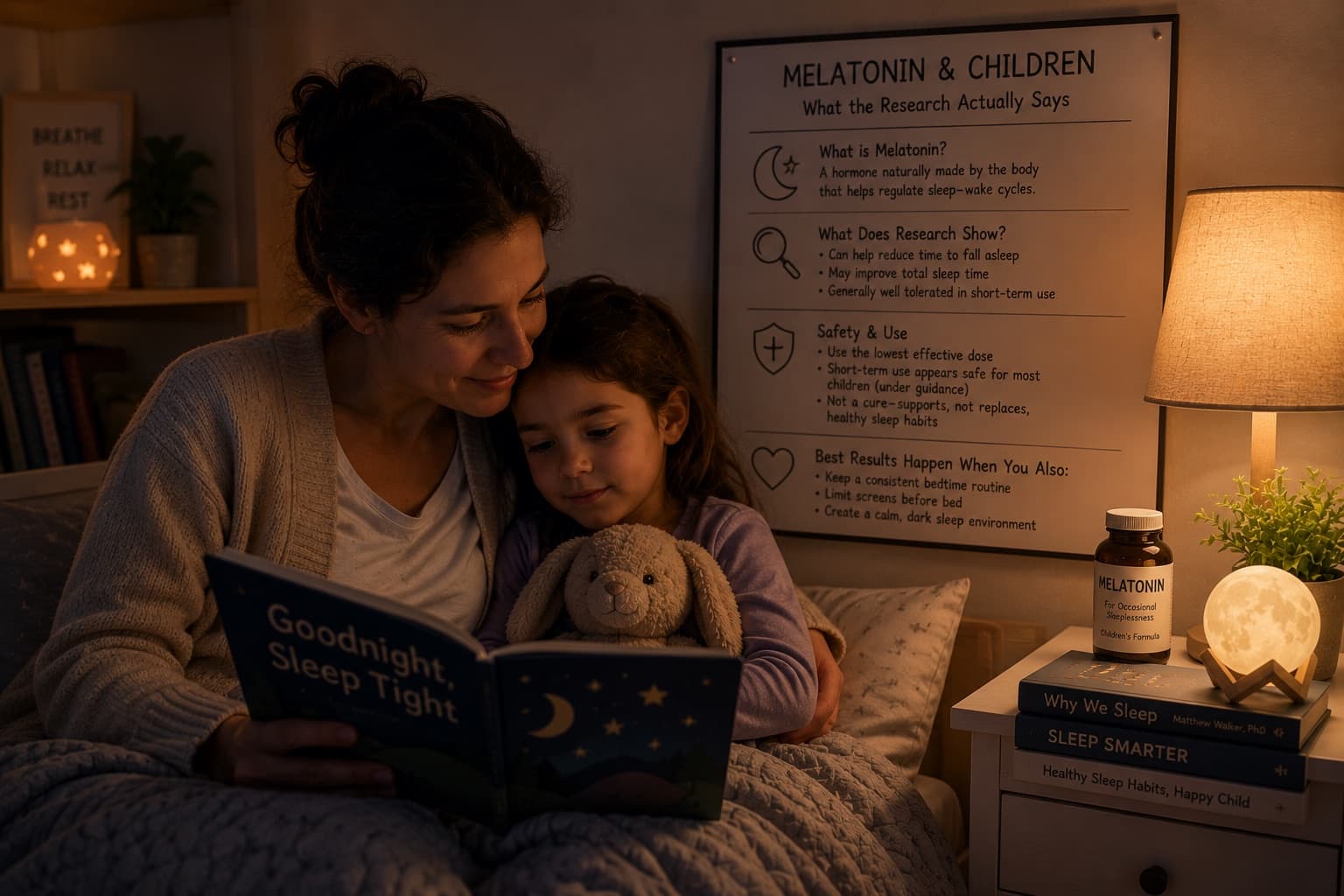 A mother reading a bedtime story with her daughter in a dimly lit room, beside a bottle of children's melatonin and a chart summarising the research