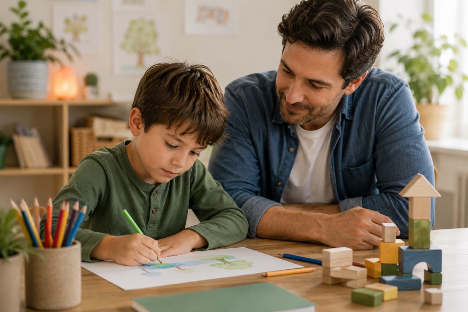 A boy drawing with coloured pencils at a table while his father sits beside him, watching quietly alongside wooden building blocks