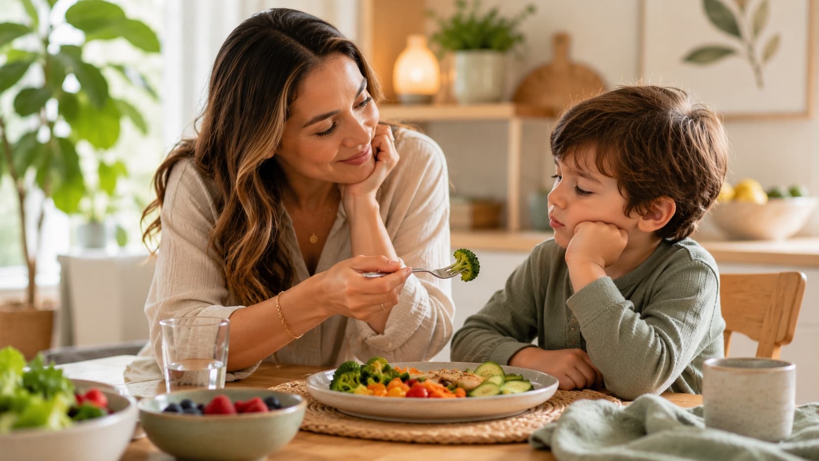 A mother patiently offering a forkful of broccoli to her son, who rests his chin on his hand and looks unconvinced