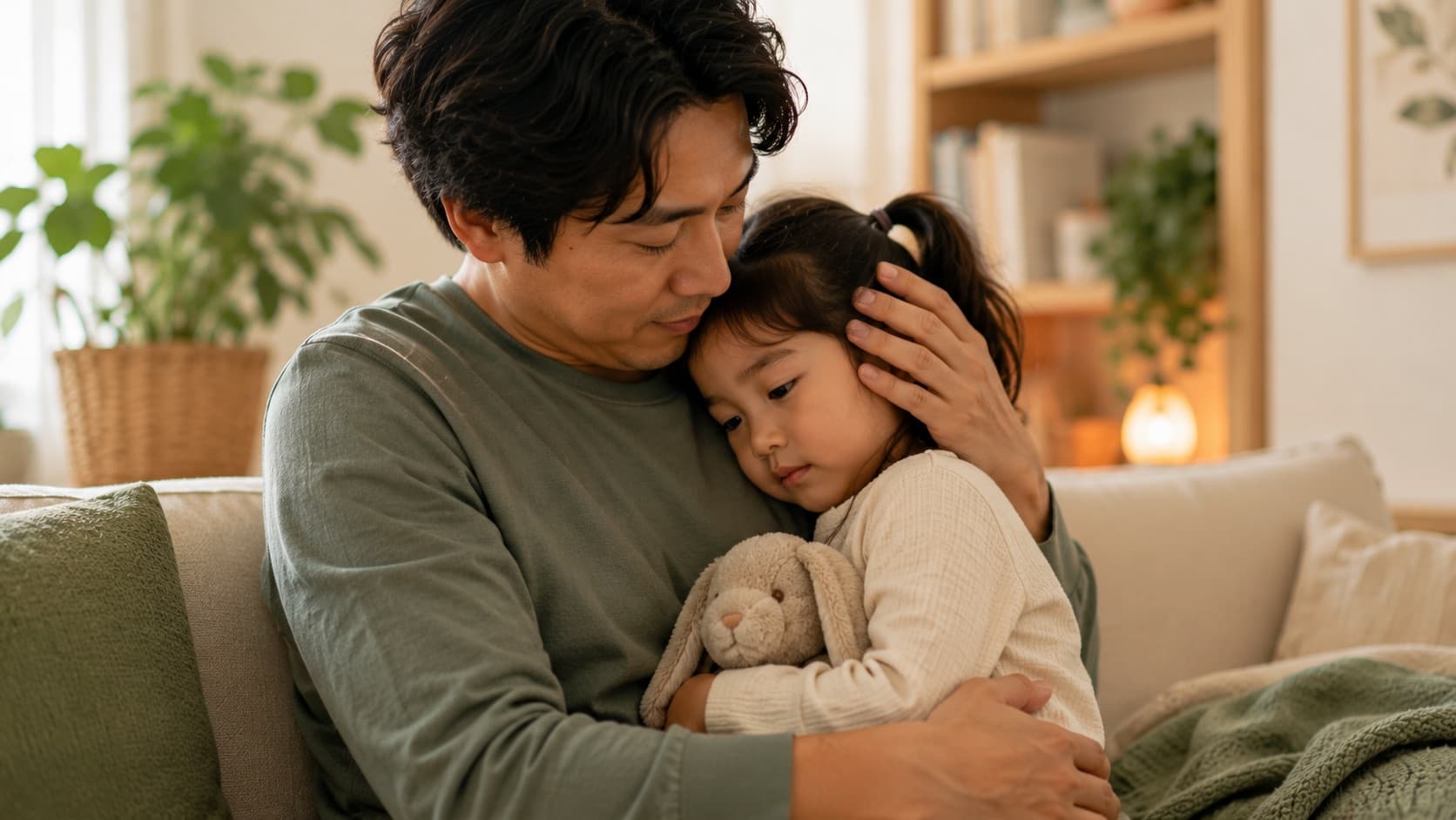 A father holding his young daughter close on the sofa, his hand cupped over her ear as she clutches a stuffed rabbit