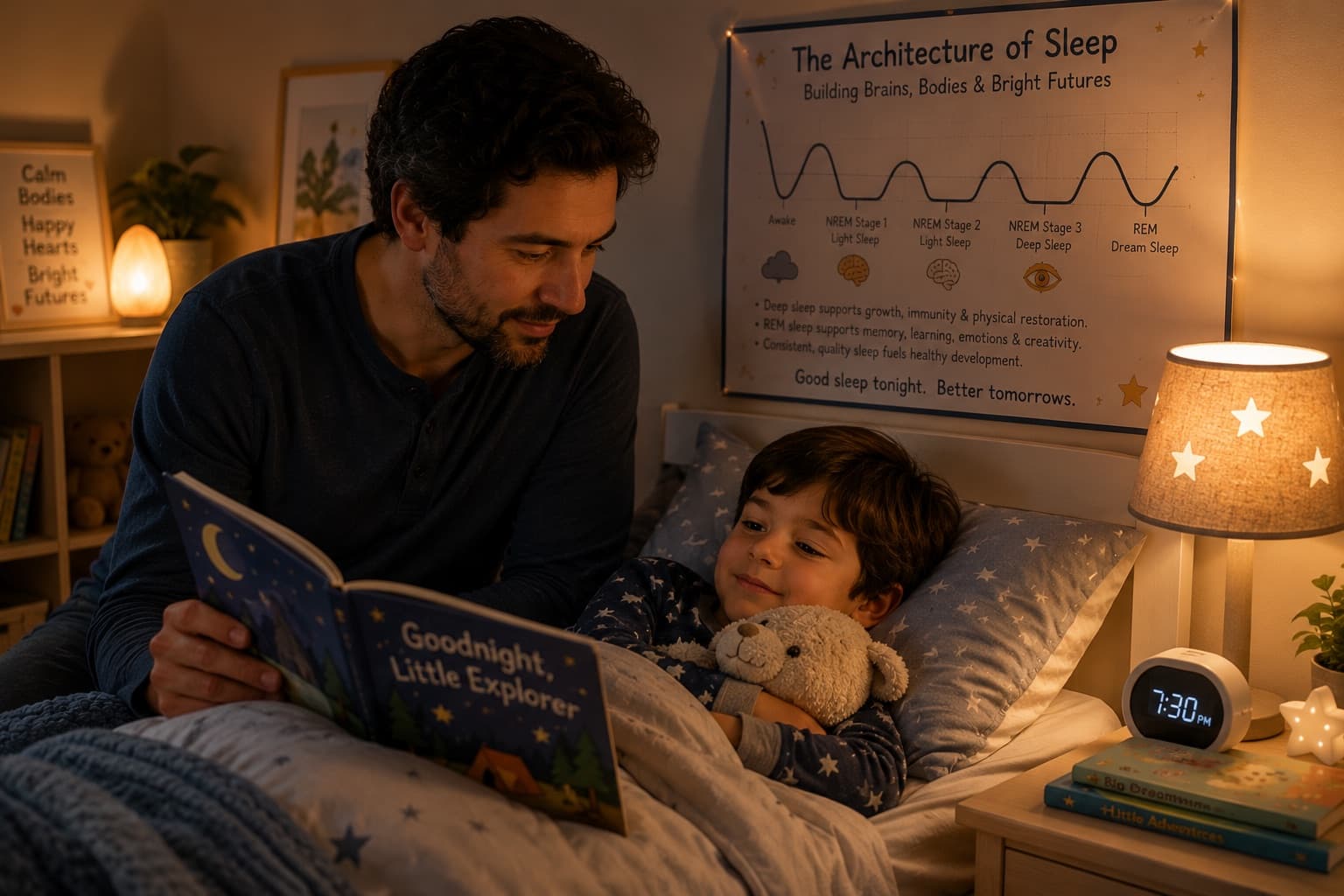A father reading a bedtime story to his son at 7:30pm, beneath a wall chart showing the stages of the sleep cycle