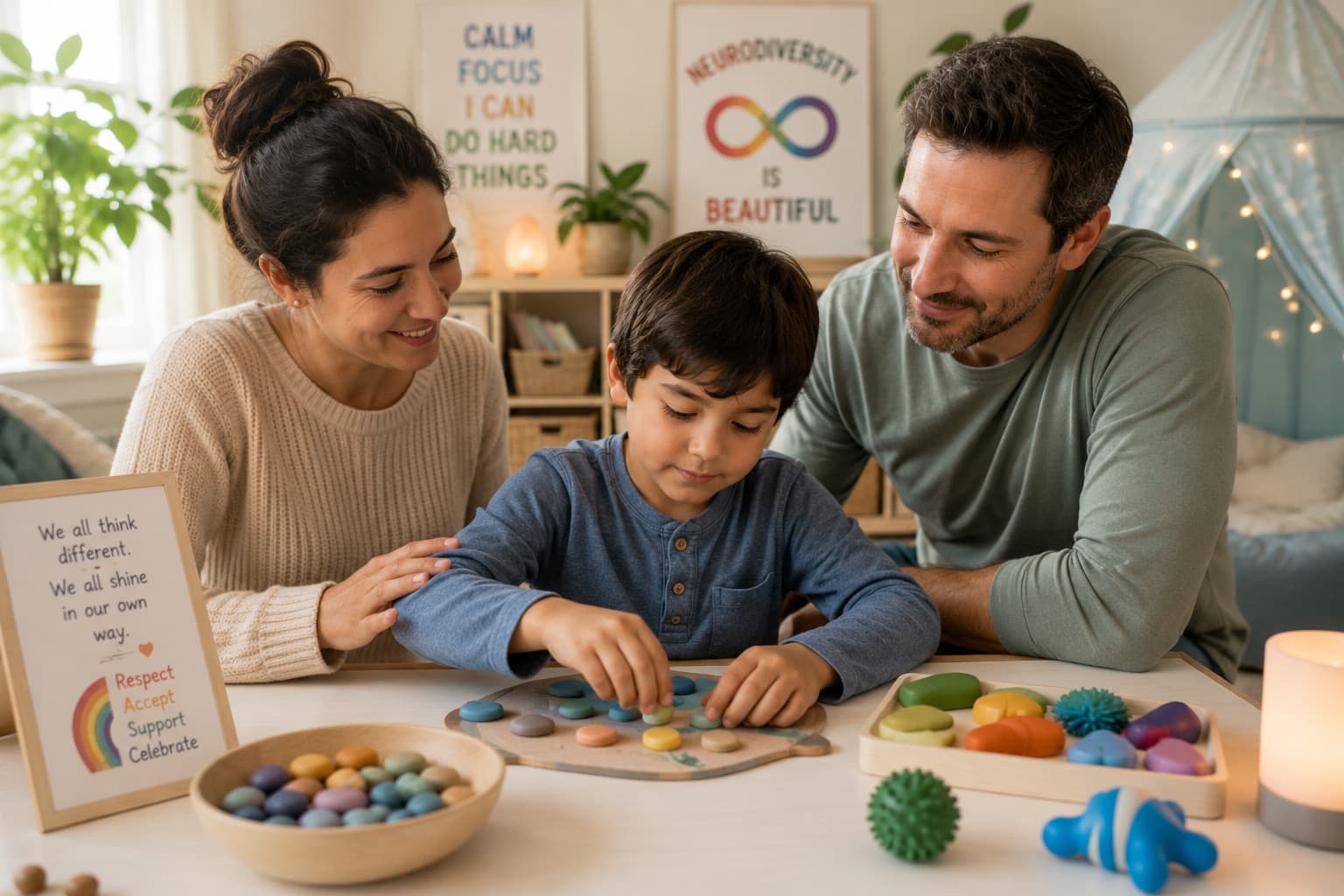 Two parents sitting either side of their son as he arranges coloured stones on a wooden board, in a calm playroom with neurodiversity artwork