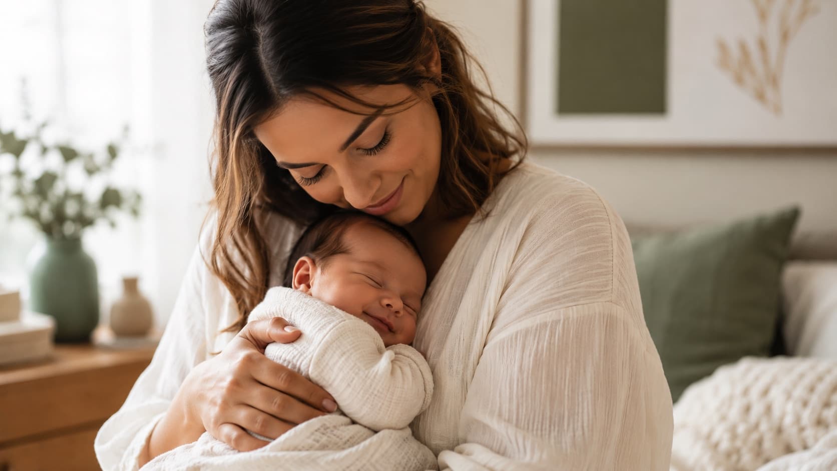 A mother in a sunlit bedroom holding her swaddled newborn against her chest, cheek resting on the baby's head