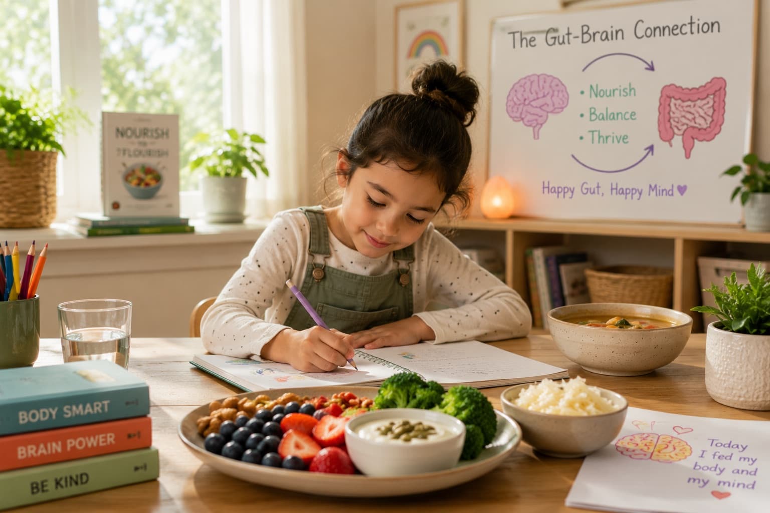 A girl writing in a notebook at a table set with fruit, vegetables, yoghurt and soup, beneath a hand-drawn gut-brain diagram