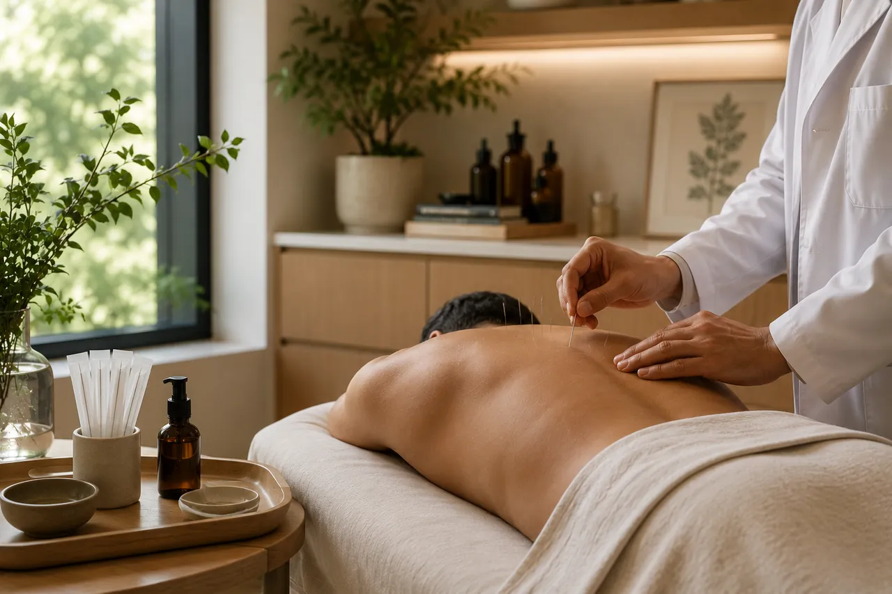 Male physician performing acupuncture treatment in a modern integrative medicine clinic.