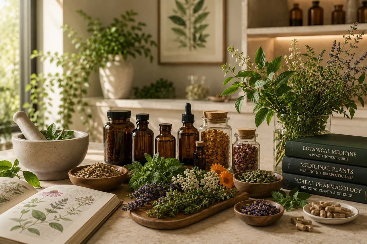 Medicinal herbs, botanical extracts, amber bottles, and herbal medicine references arranged in a professional apothecary setting.