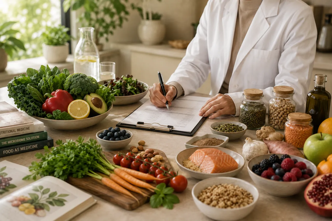A SANAVITA naturopathic physician reviewing a personalized nutrition plan beside a table of whole foods