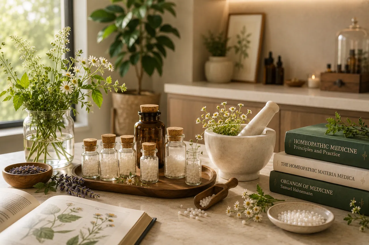 Homeopathic remedy vials, reference books, botanical plants, and preparation tools in a professional clinical setting.